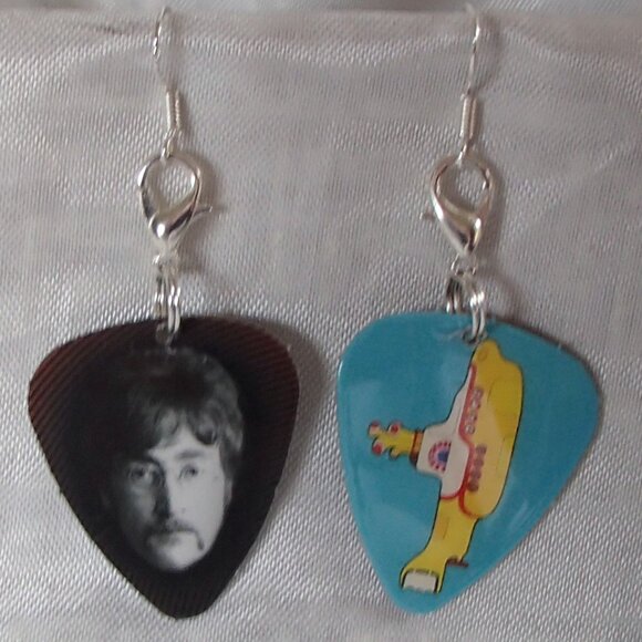 Beatles John Lennon Guitar Pick Zipper-Pull Handmade Earrings Yellow Submarine - Picture 3 of 9